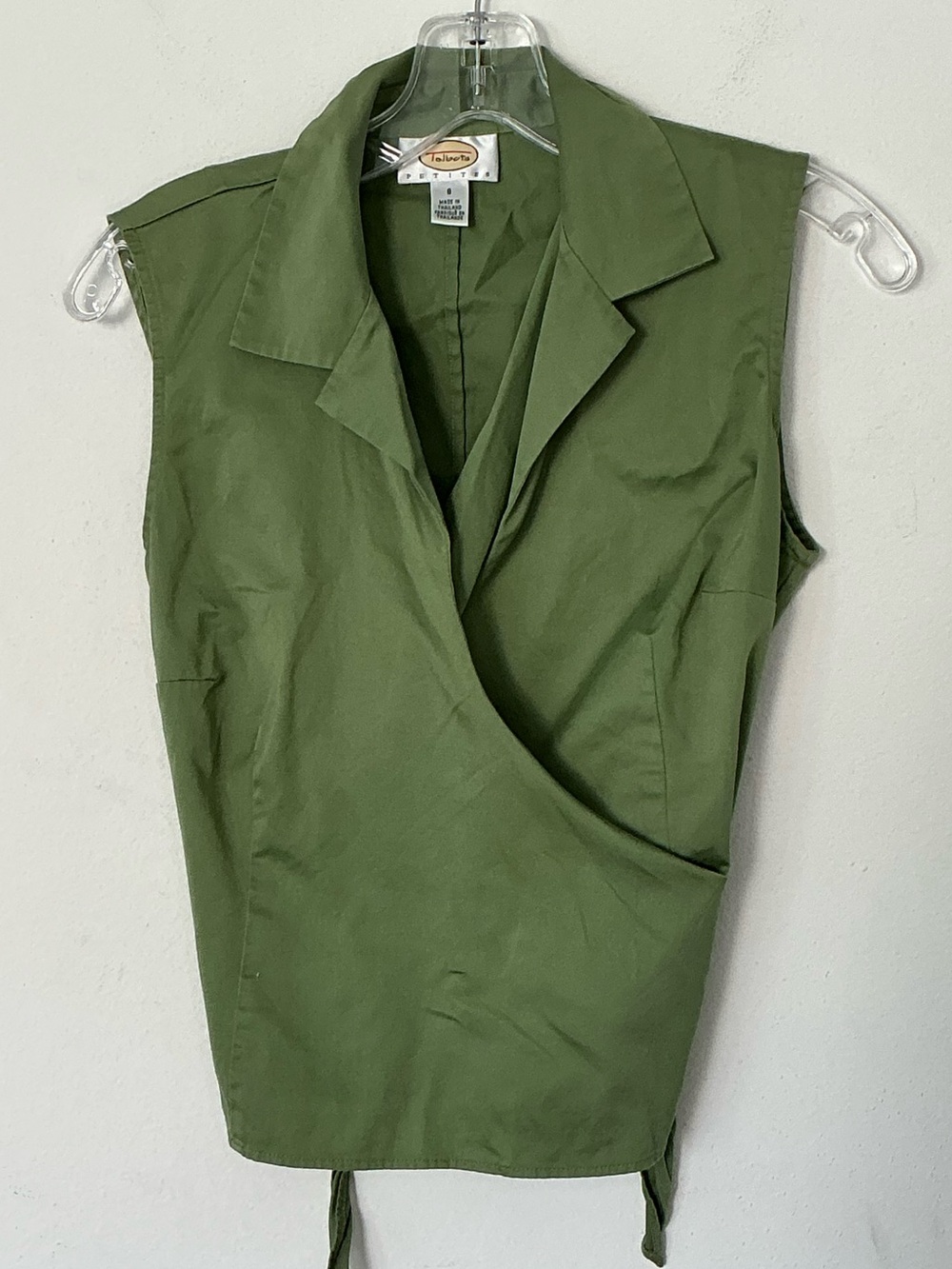 Talbots Petites Olive Green Sleeveless Wrap Tie Blouse Top Size 8P